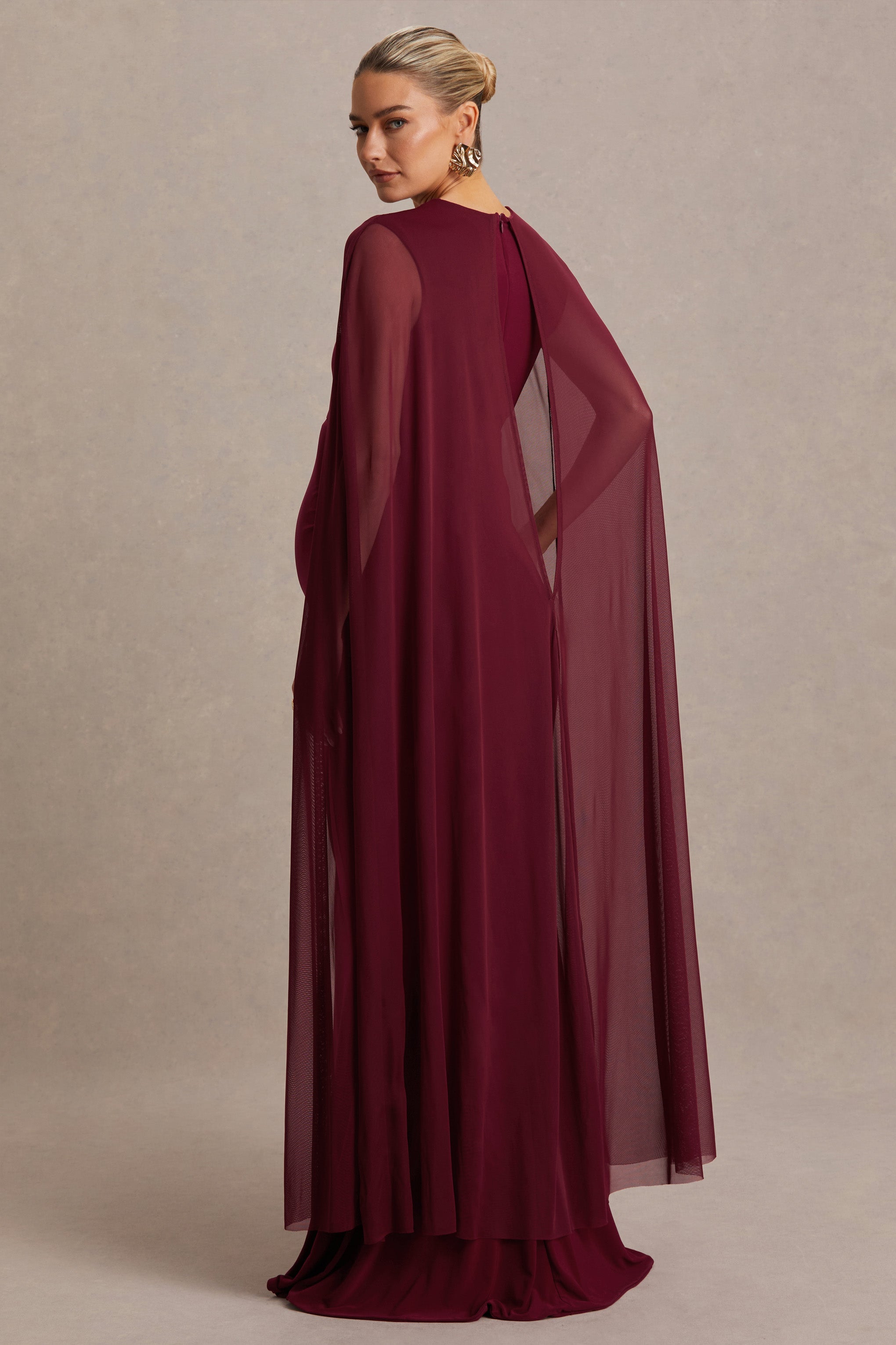 Currant Berry High-Neck Maternity Maxi Dress With Cape – lifestyle photo