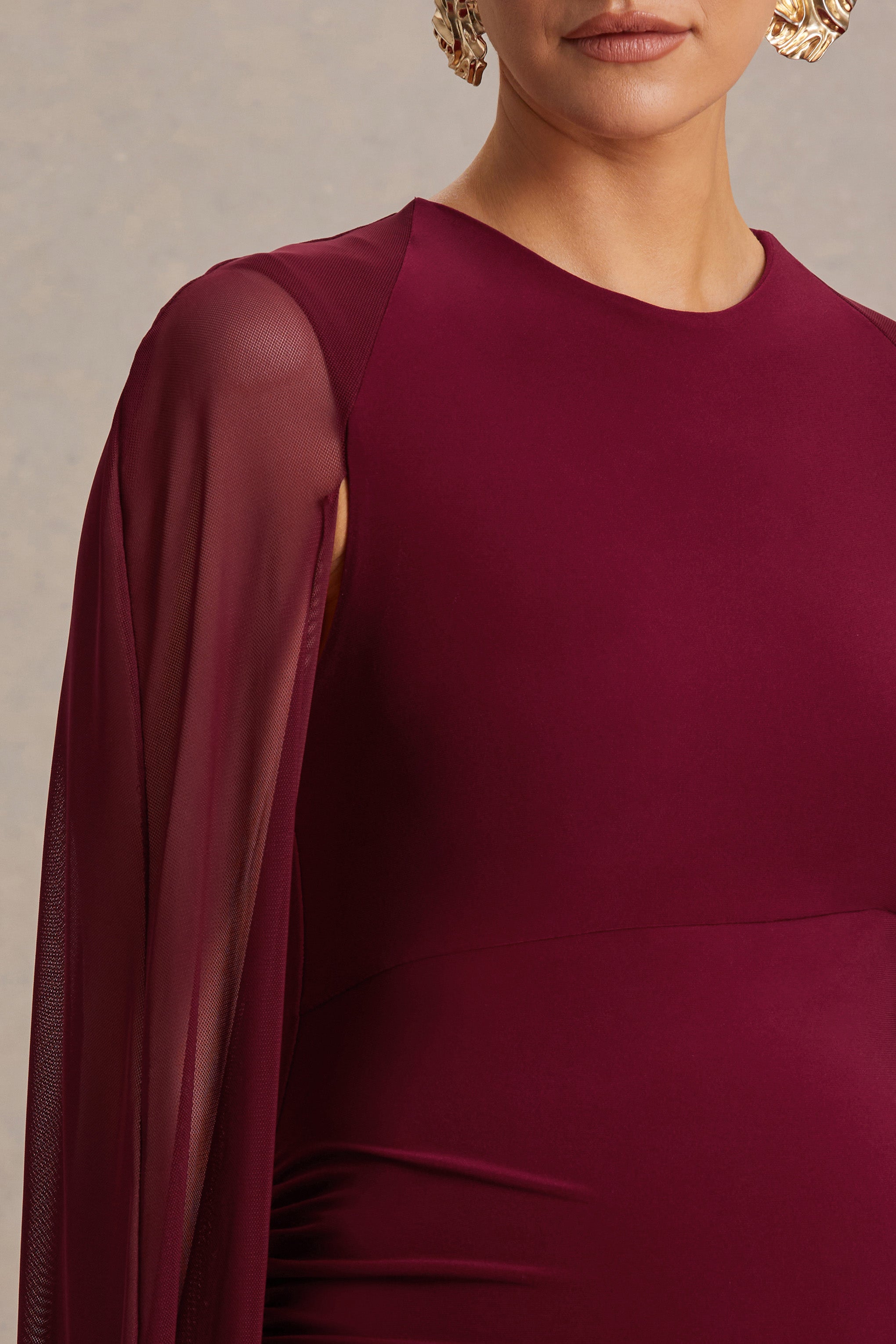 Currant Berry High-Neck Maternity Maxi Dress With Cape – detail shot