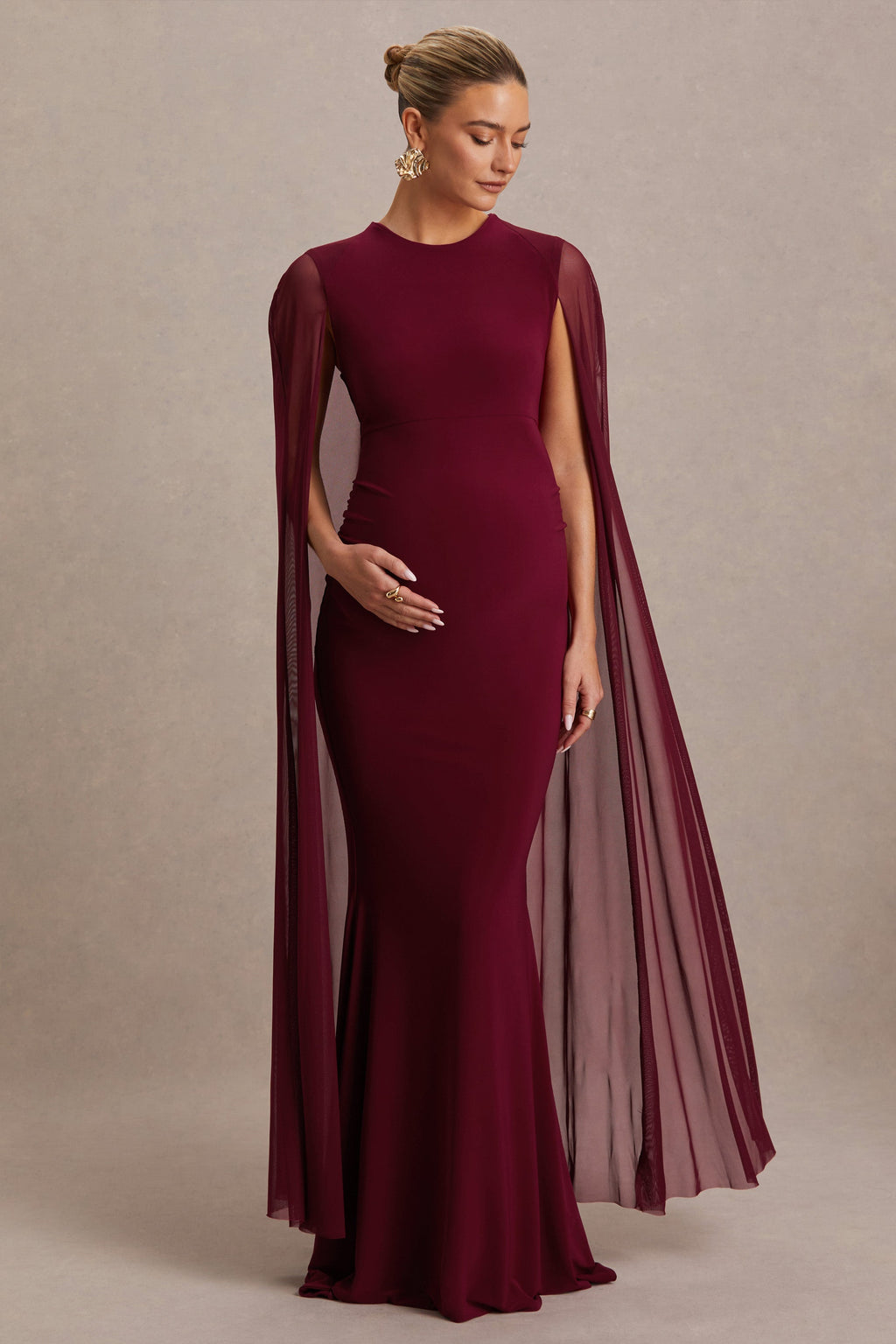 Currant Berry High-Neck Maternity Maxi Dress With Cape – side view