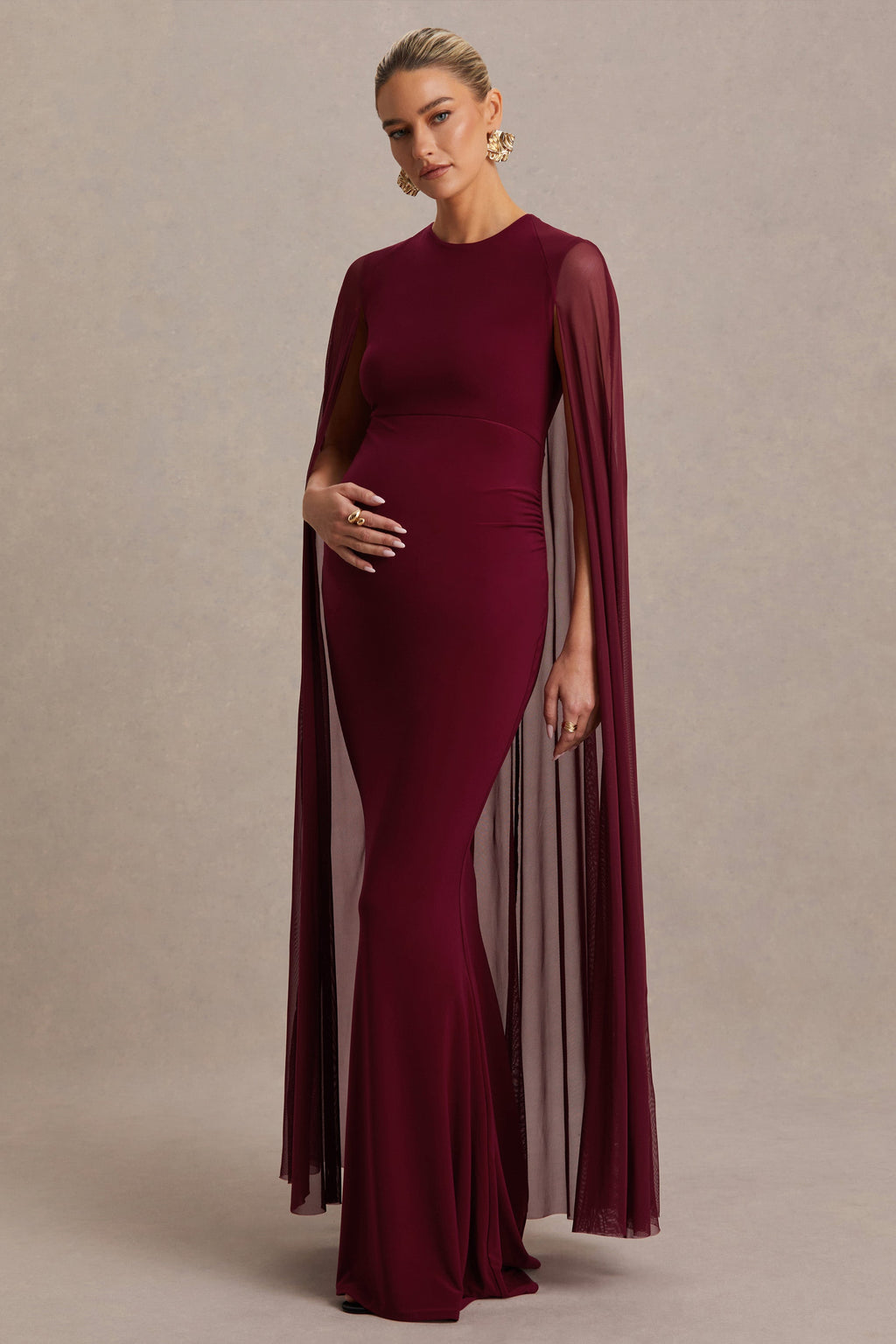 Currant Berry High-Neck Maternity Maxi Dress With Cape – back view