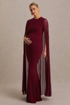 Currant Berry High-Neck Maternity Maxi Dress With Cape – back view