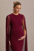 Currant Berry High-Neck Maternity Maxi Dress With Cape – second lifestyle photo