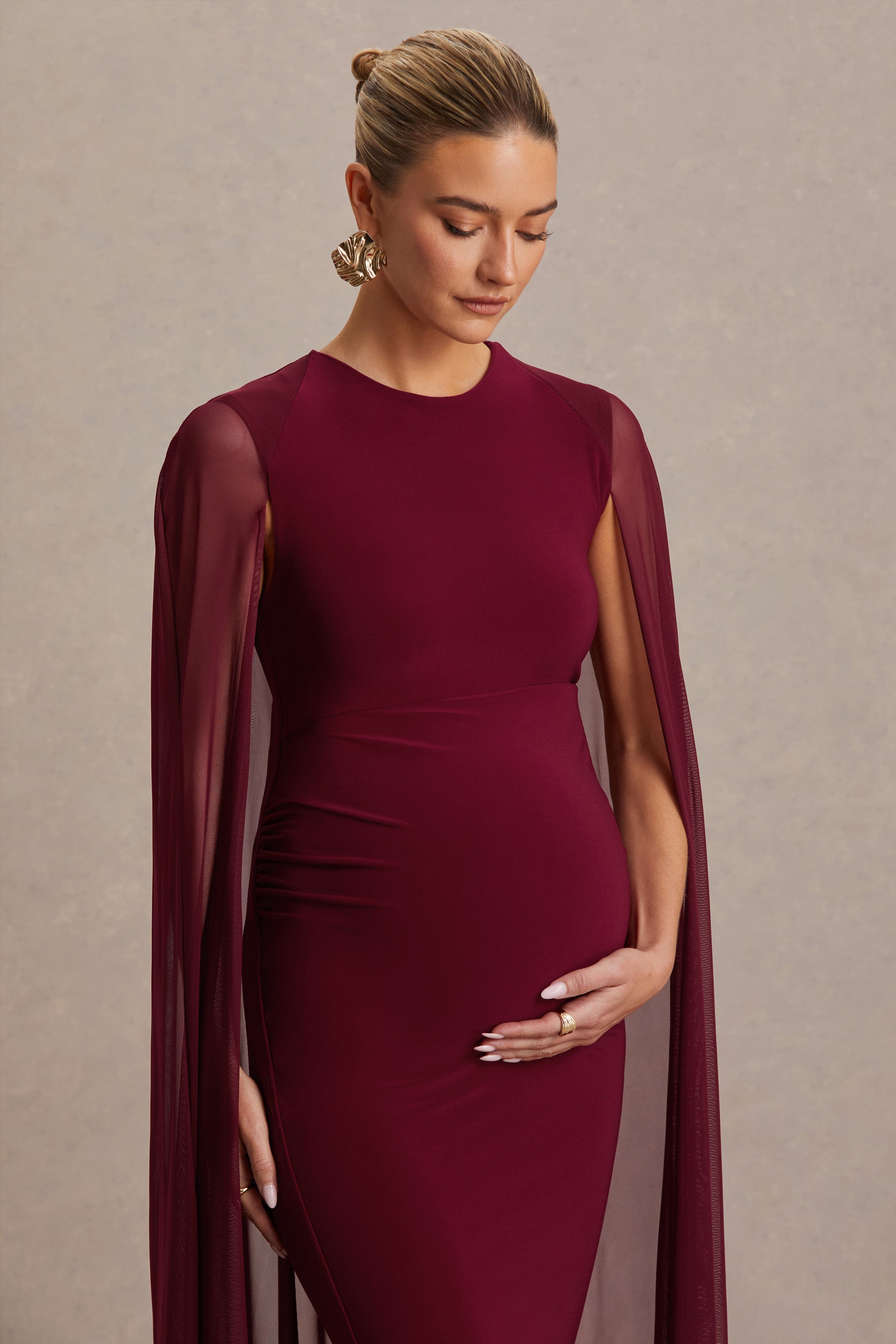 Currant Berry High-Neck Maternity Maxi Dress With Cape – second lifestyle photo