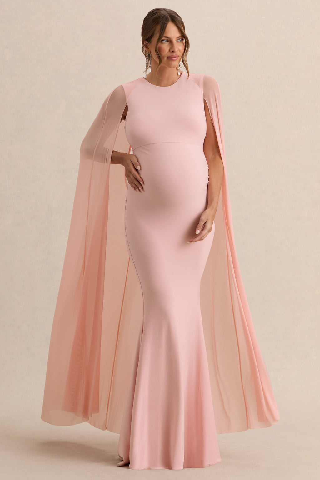 Currant Pink Crew-Neck Maternity Maxi Dress With Cape – front view