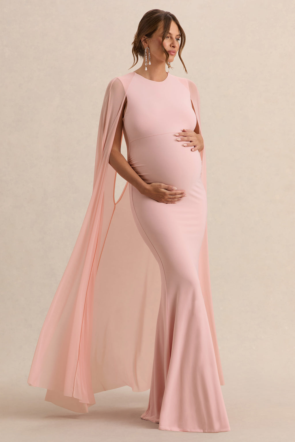 Currant Pink Crew-Neck Maternity Maxi Dress With Cape – back view