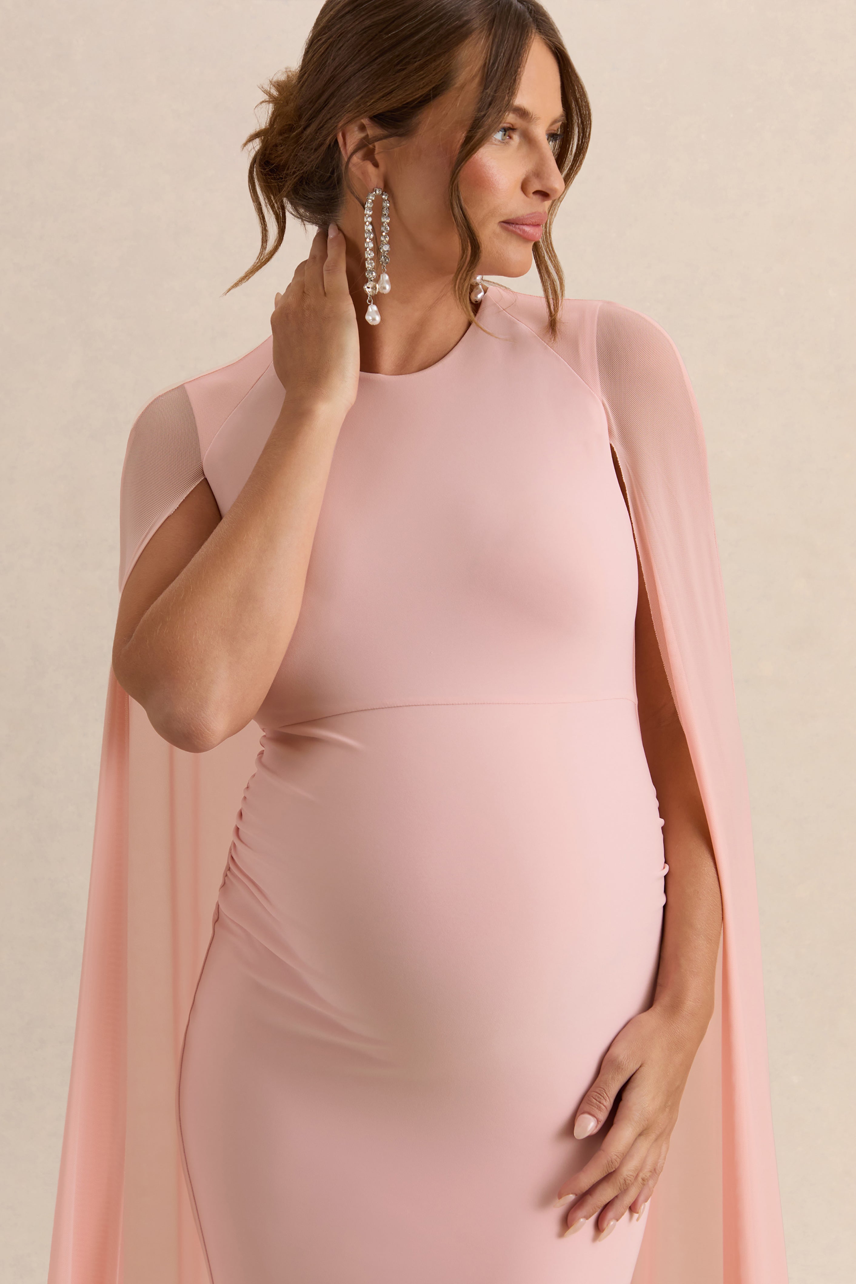 Currant Pink Crew-Neck Maternity Maxi Dress With Cape – detail shot