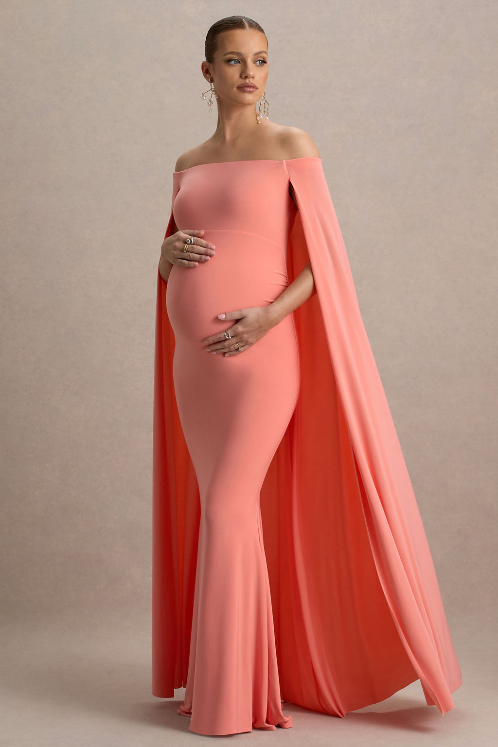 Driftly | Armonia Champagne Lace Bardot-Neck Maternity Maxi Dress With Bow Detail