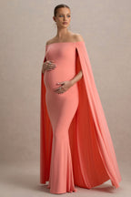 Driftly | Armonia Champagne Lace Bardot-Neck Maternity Maxi Dress With Bow Detail