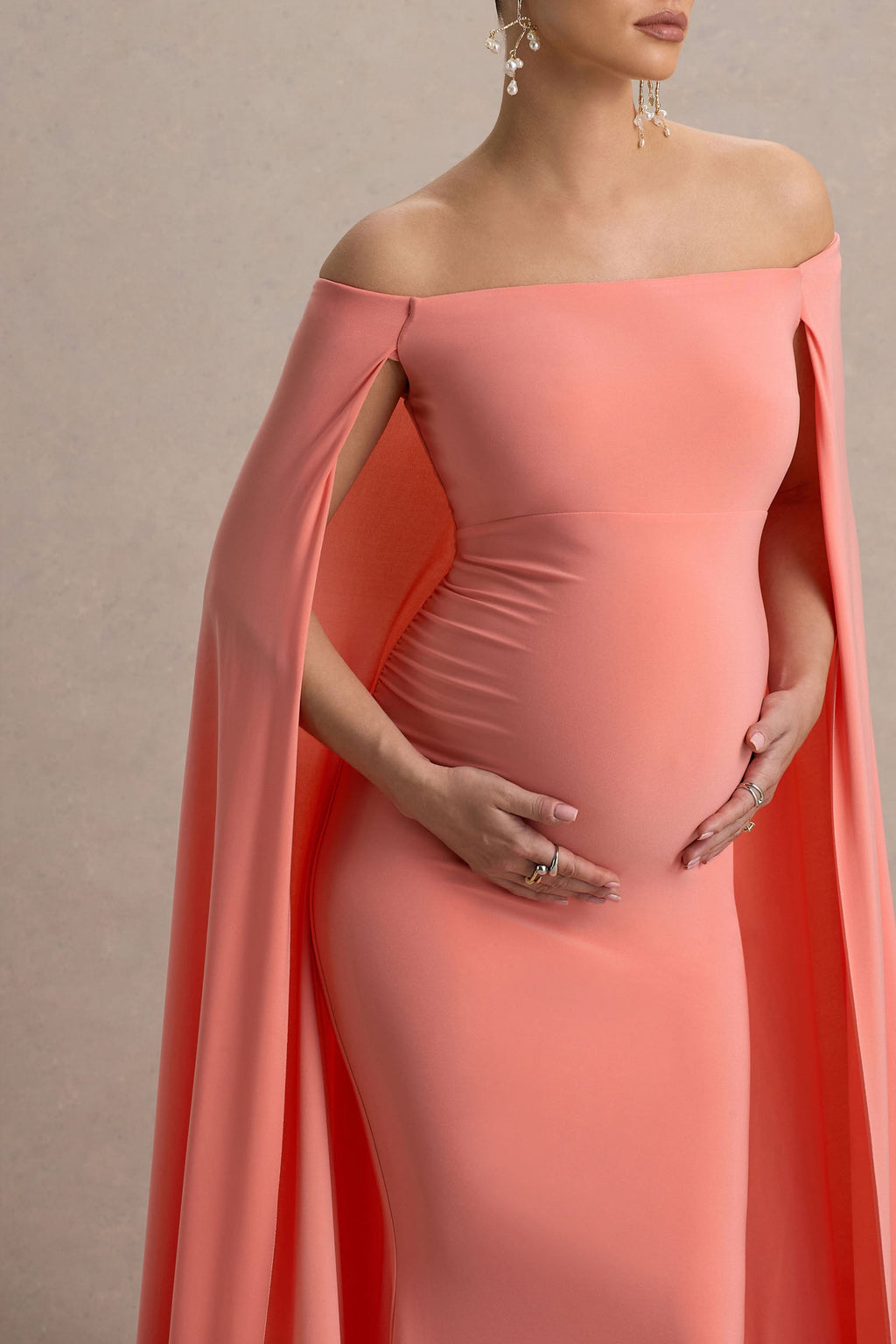 Driftly | Armonia Champagne Lace Bardot-Neck Maternity Maxi Dress With Bow Detail