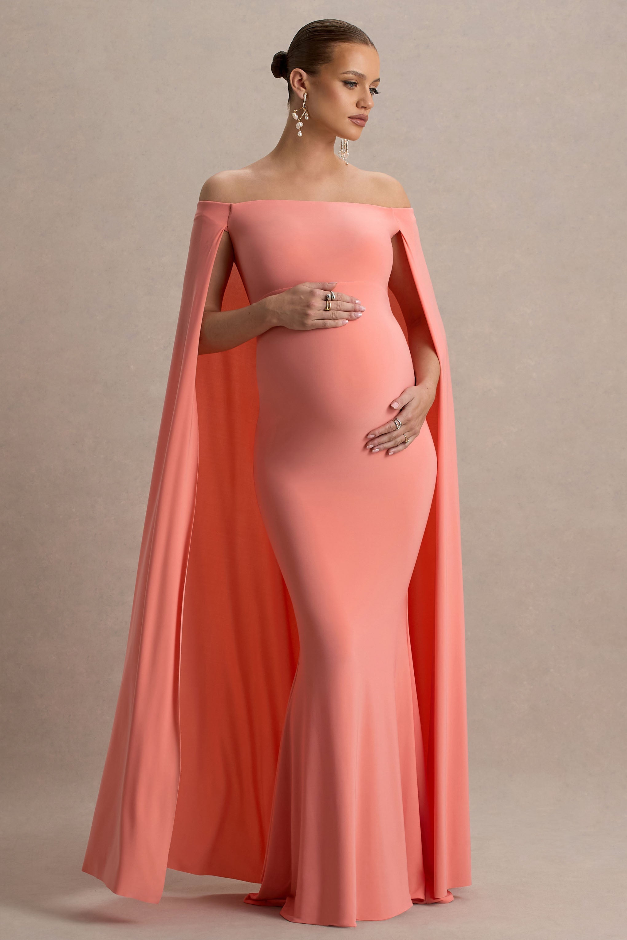 Driftly | Armonia Champagne Lace Bardot-Neck Maternity Maxi Dress With Bow Detail