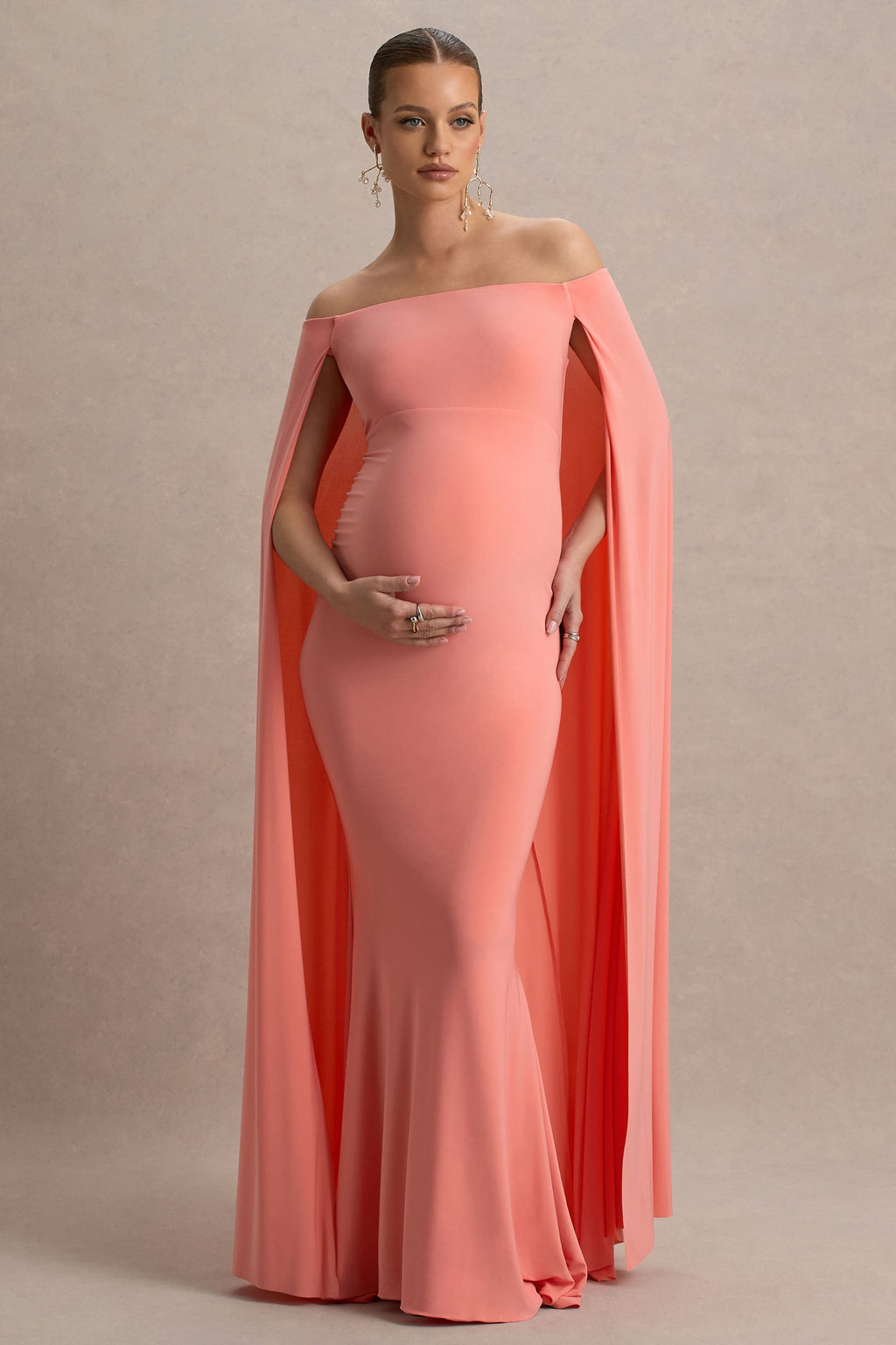 Driftly | Armonia Champagne Lace Bardot-Neck Maternity Maxi Dress With Bow Detail