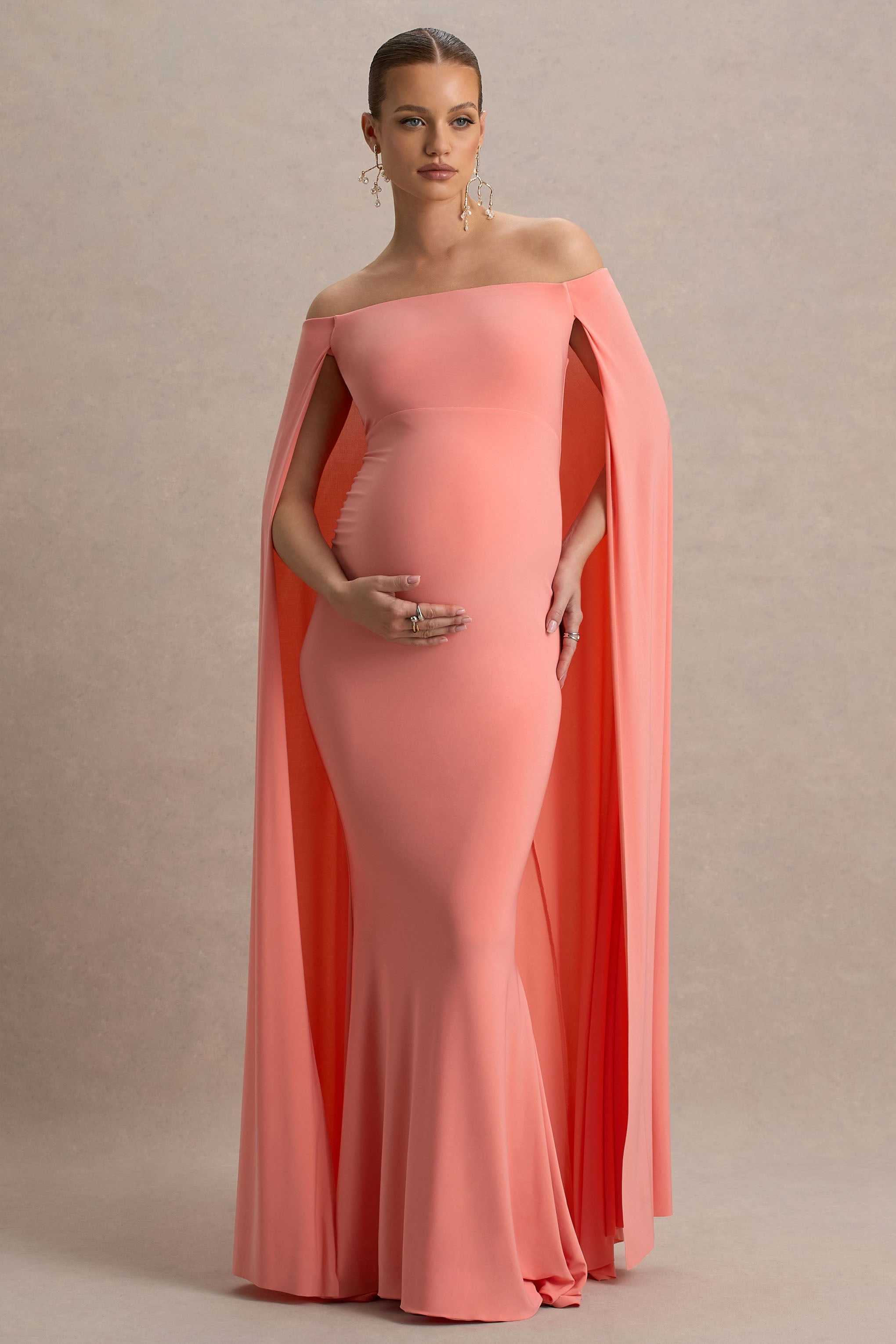 Driftly | Armonia Champagne Lace Bardot-Neck Maternity Maxi Dress With Bow Detail