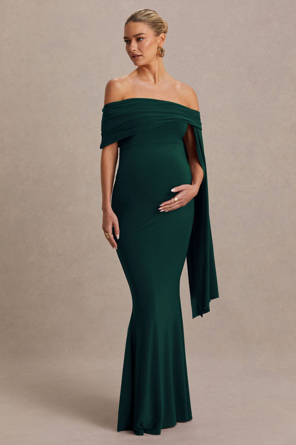 Aquila Bottle Green Bardot Maternity Maxi Dress With Draped Detail – front view