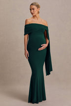 Aquila Bottle Green Bardot Maternity Maxi Dress With Draped Detail – front view