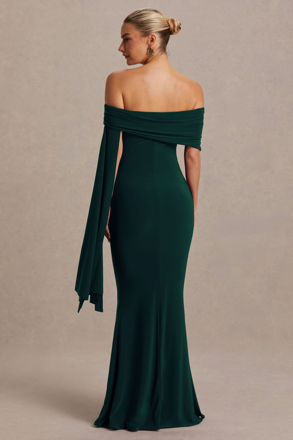 Aquila Bottle Green Bardot Maternity Maxi Dress With Draped Detail – lifestyle photo