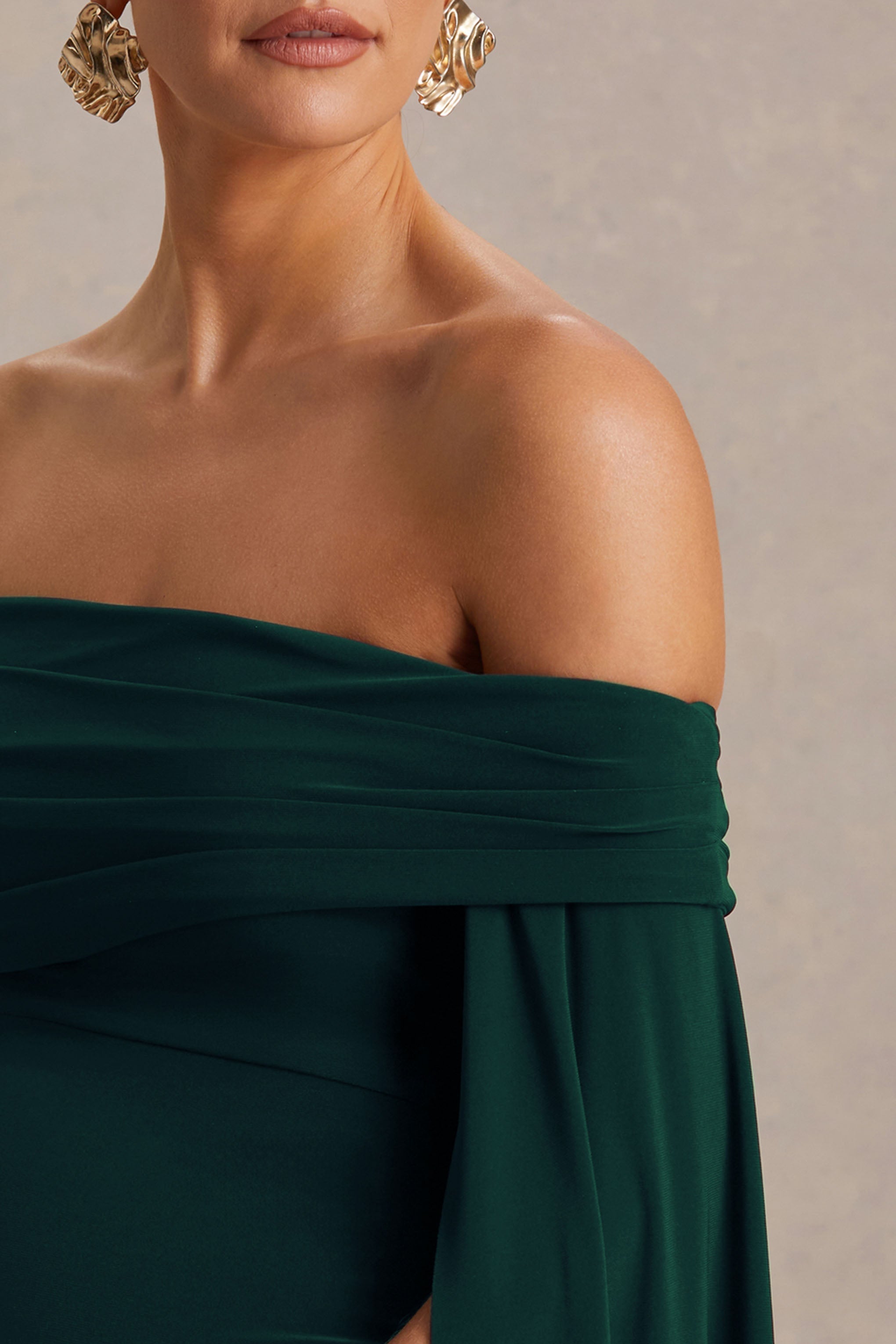 Aquila Bottle Green Bardot Maternity Maxi Dress With Draped Detail – detail shot