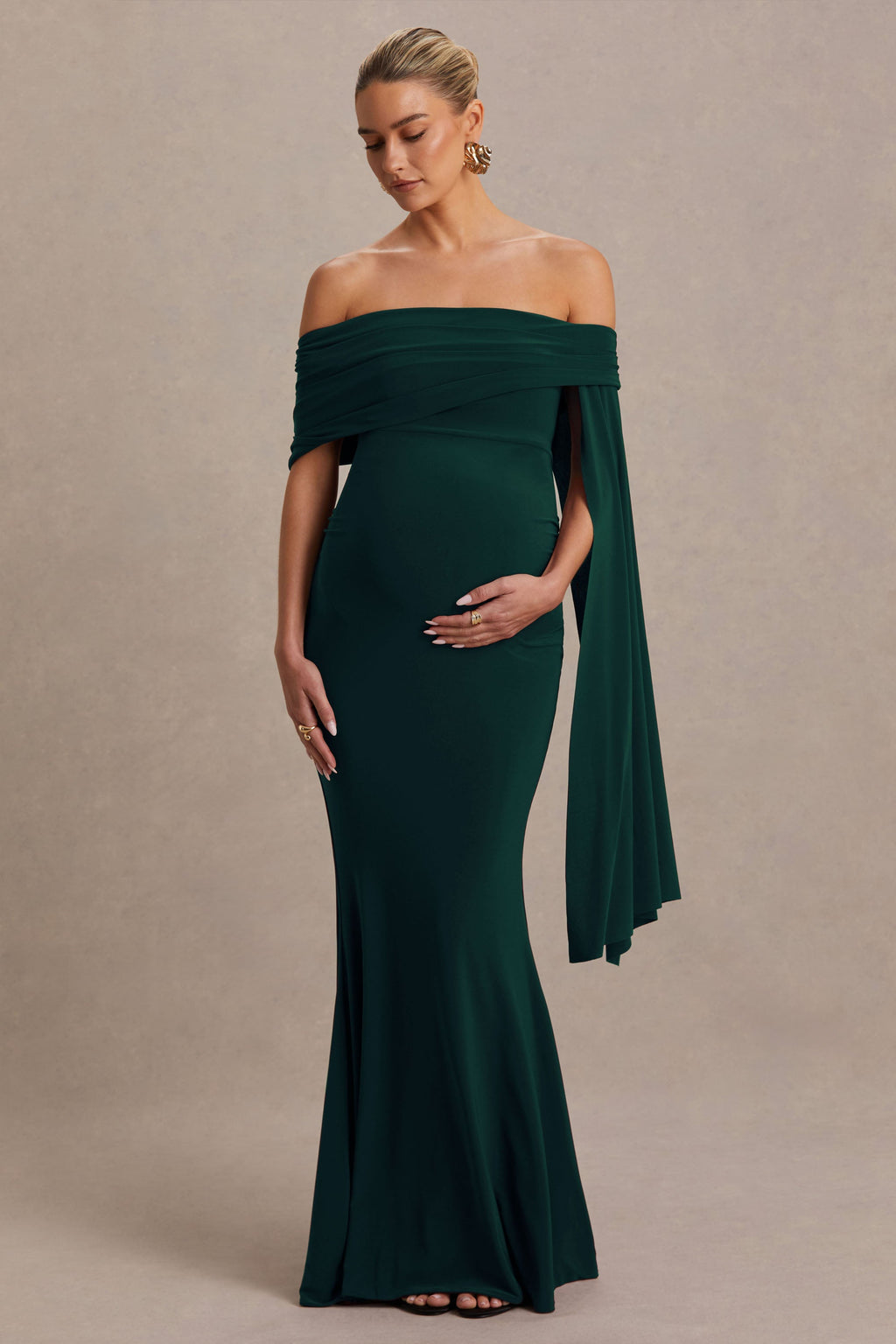 Aquila Bottle Green Bardot Maternity Maxi Dress With Draped Detail – side view