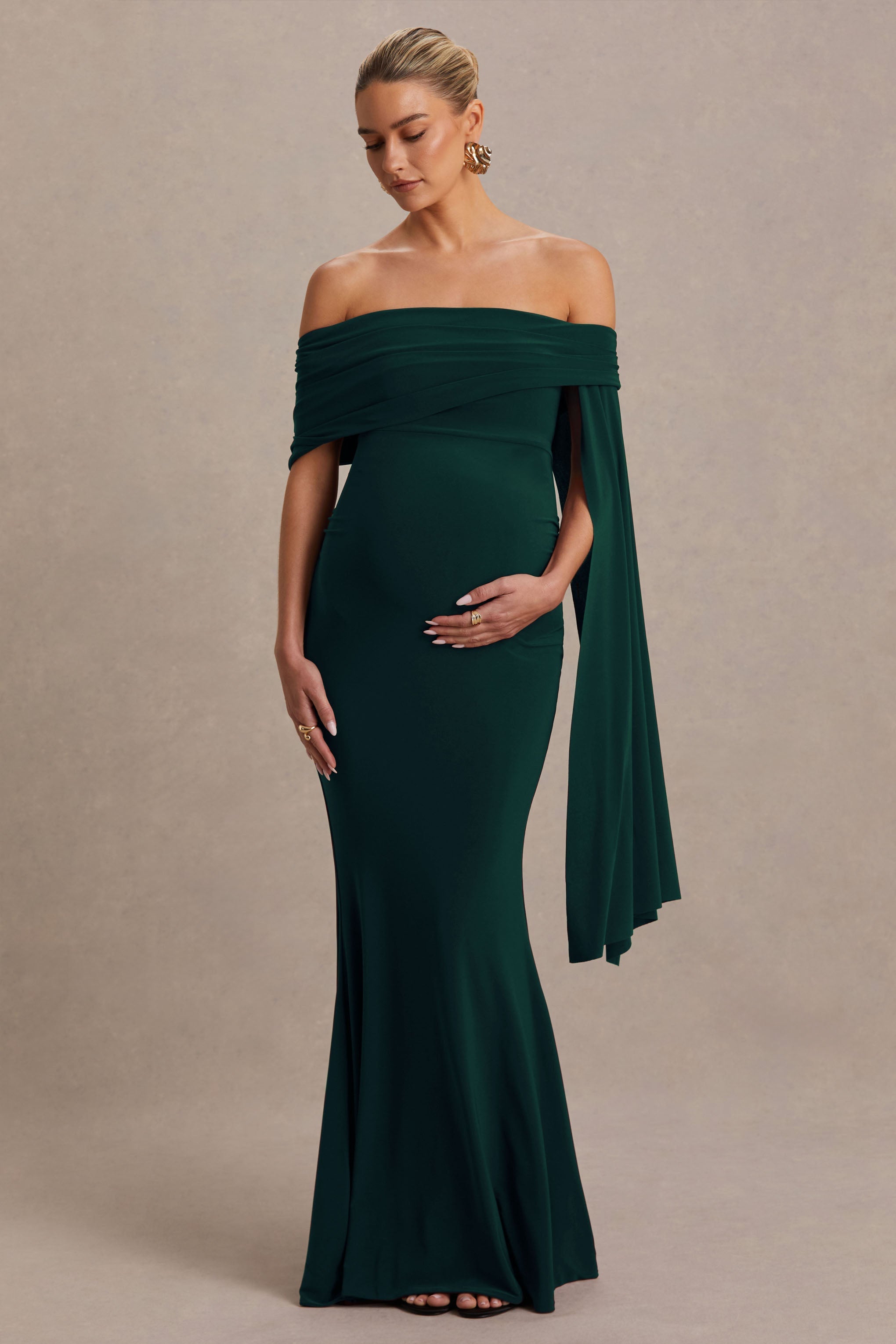 Aquila Bottle Green Bardot Maternity Maxi Dress With Draped Detail – side view
