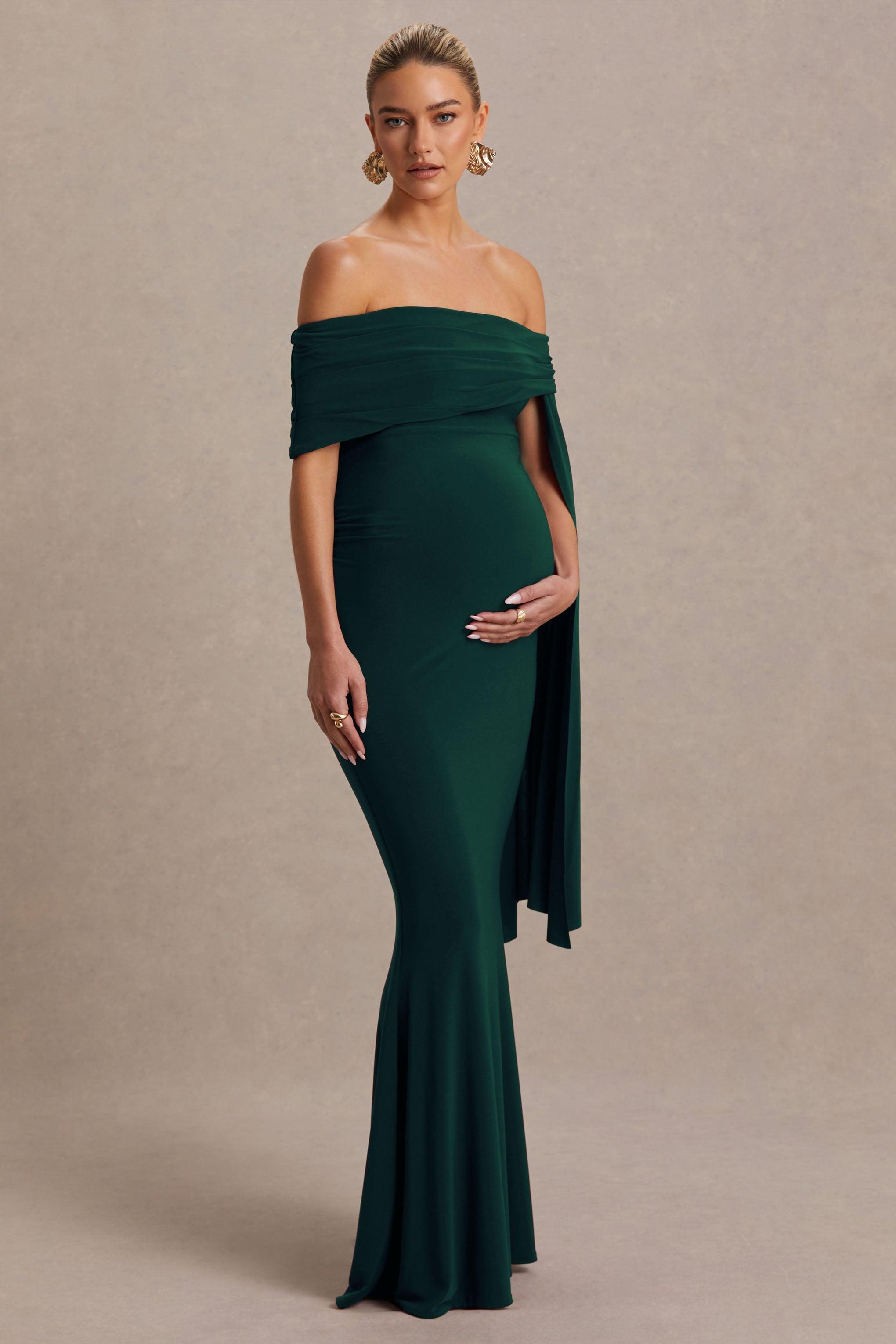 Aquila Bottle Green Bardot Maternity Maxi Dress With Draped Detail – back view