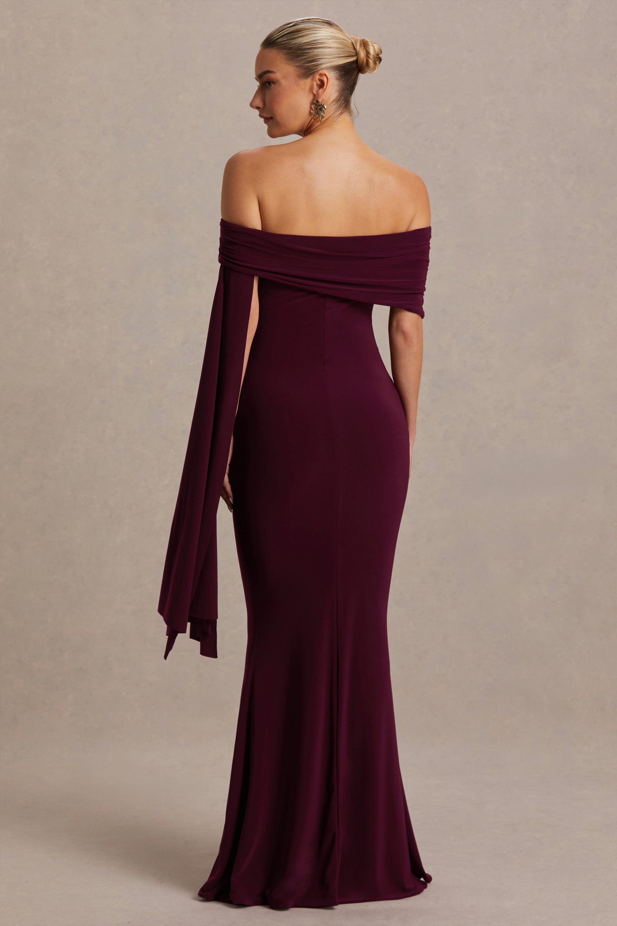 Aquila Burgundy Bardot Maternity Maxi Dress With Draped Detail – lifestyle photo