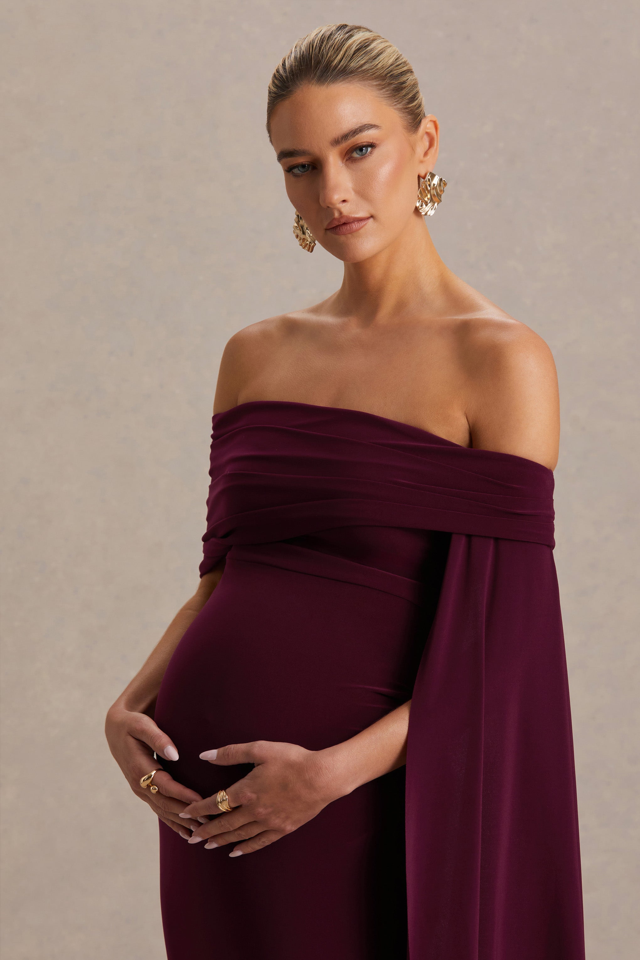 Aquila Burgundy Bardot Maternity Maxi Dress With Draped Detail – back view