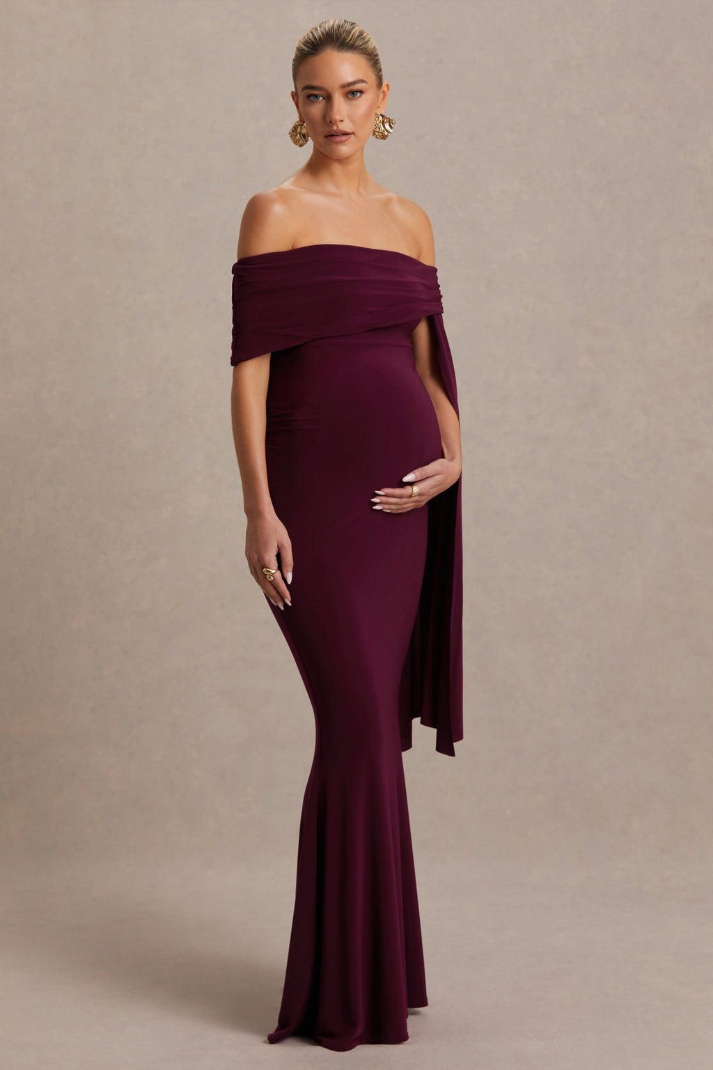 Aquila Burgundy Bardot Maternity Maxi Dress With Draped Detail – front view