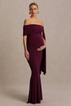 Aquila Burgundy Bardot Maternity Maxi Dress With Draped Detail – front view