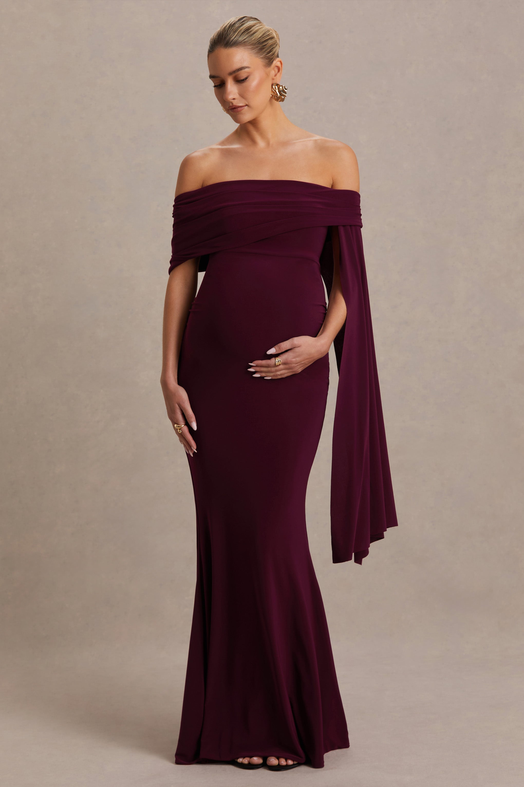 Aquila Burgundy Bardot Maternity Maxi Dress With Draped Detail – side view