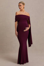 Aquila Burgundy Bardot Maternity Maxi Dress With Draped Detail – detail shot