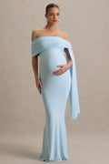 Aquila Powder Blue Bardot Maternity Maxi Dress With Draped Detail – front view
