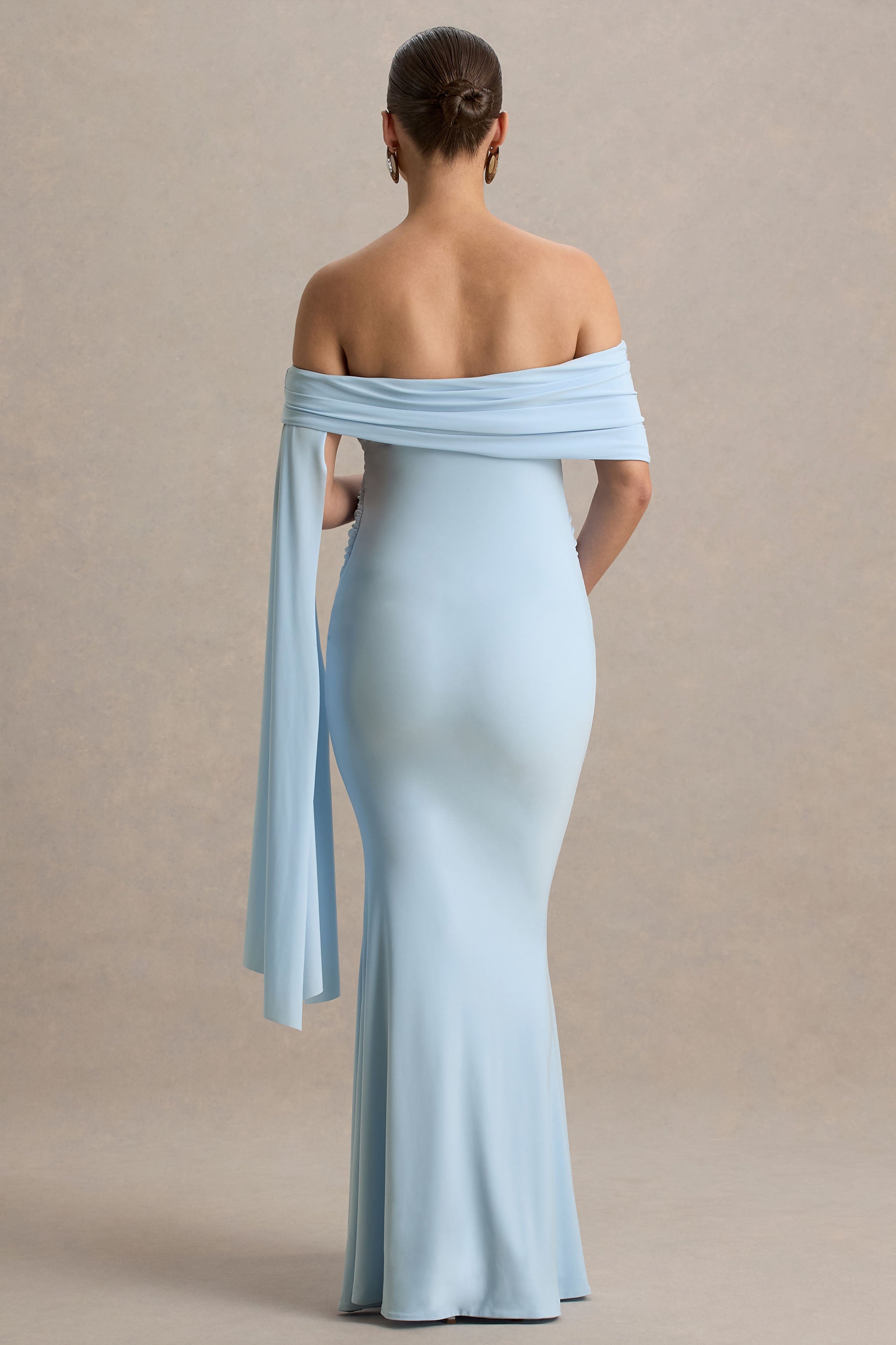 Aquila Powder Blue Bardot Maternity Maxi Dress With Draped Detail – lifestyle photo