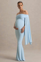 Aquila Powder Blue Bardot Maternity Maxi Dress With Draped Detail – side view