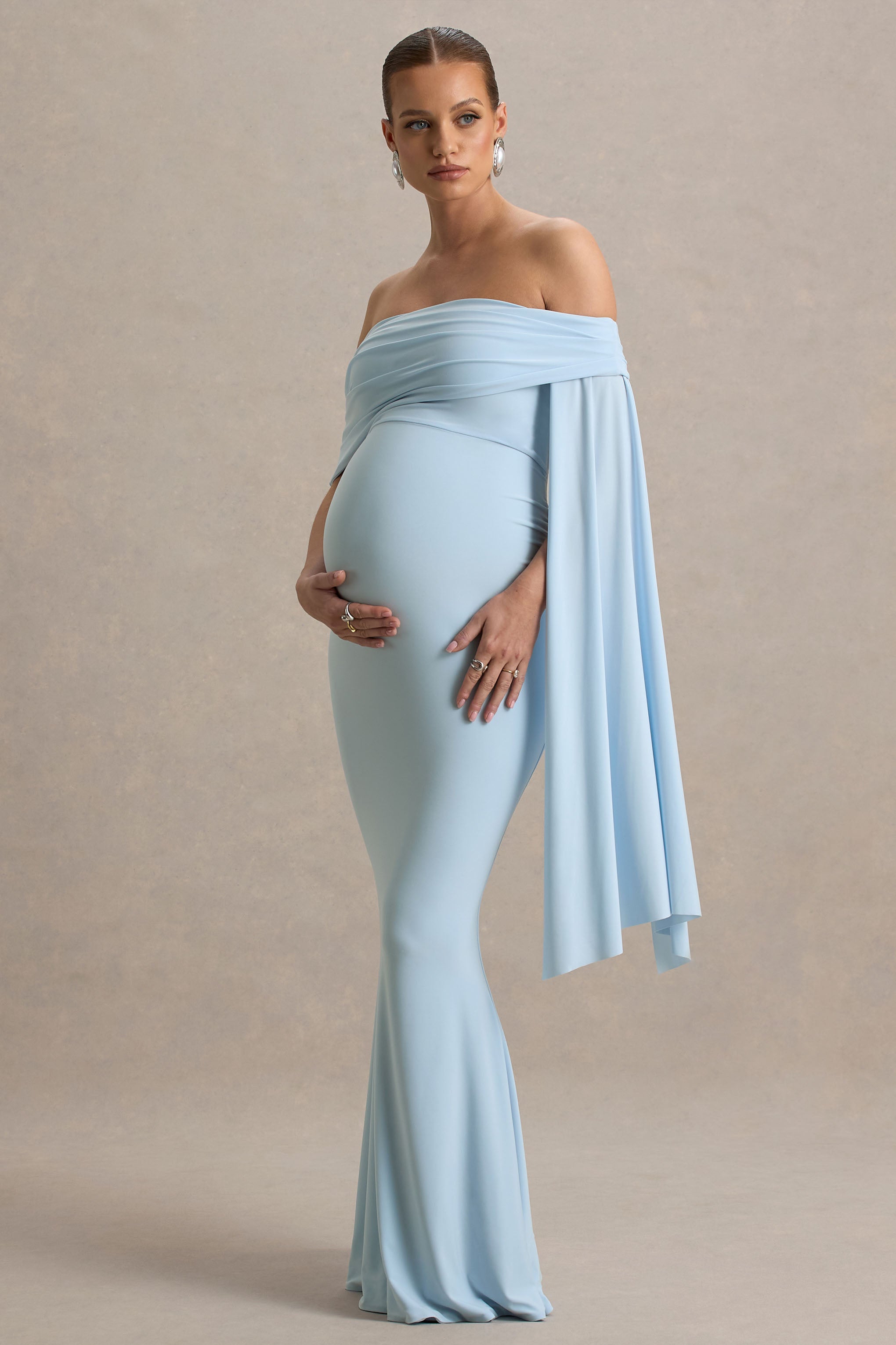 Aquila Powder Blue Bardot Maternity Maxi Dress With Draped Detail – side view