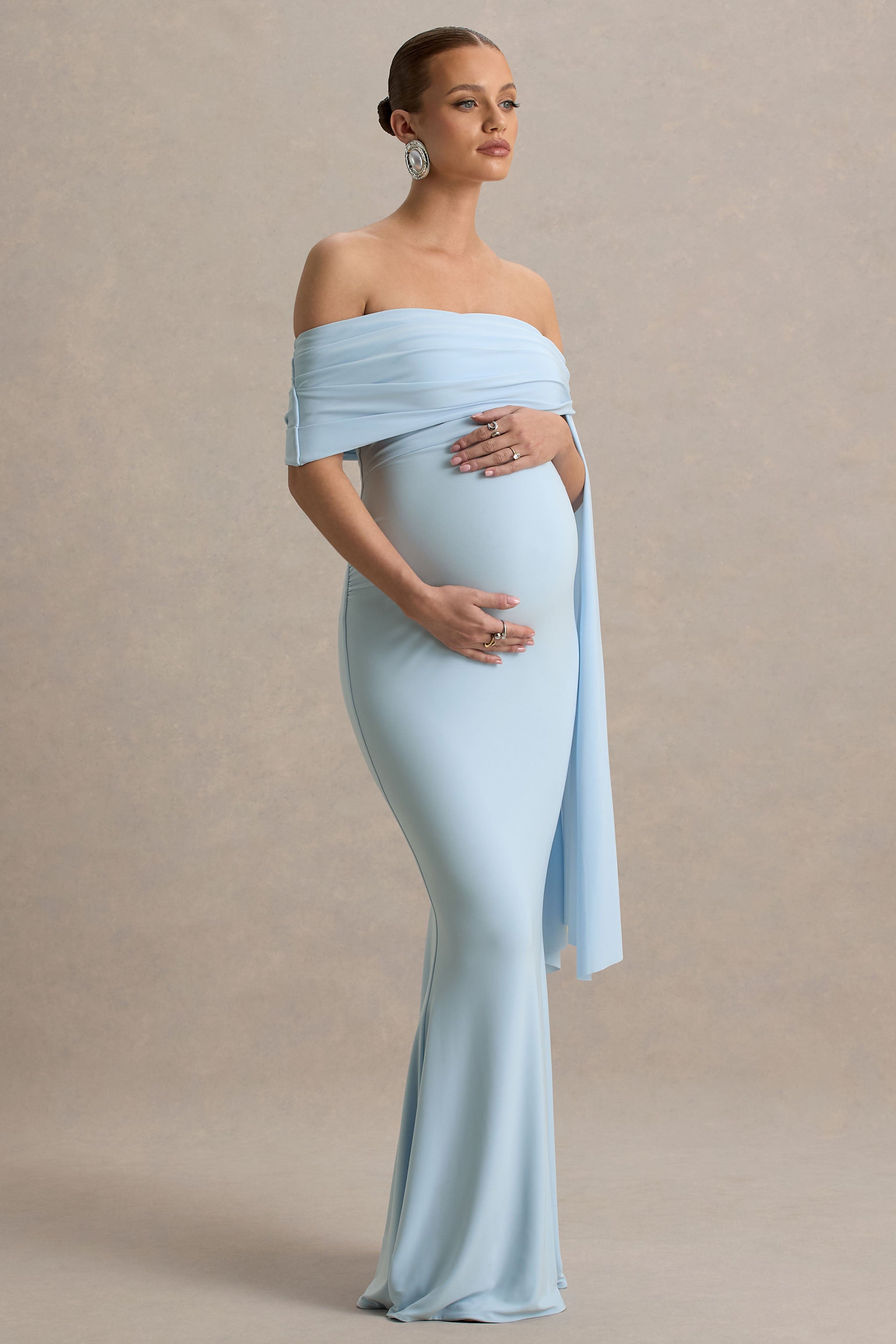 Aquila Powder Blue Bardot Maternity Maxi Dress With Draped Detail – back view