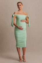 Chandelier Light Green Bardot Maternity Midi Dress With Bow Details – front view