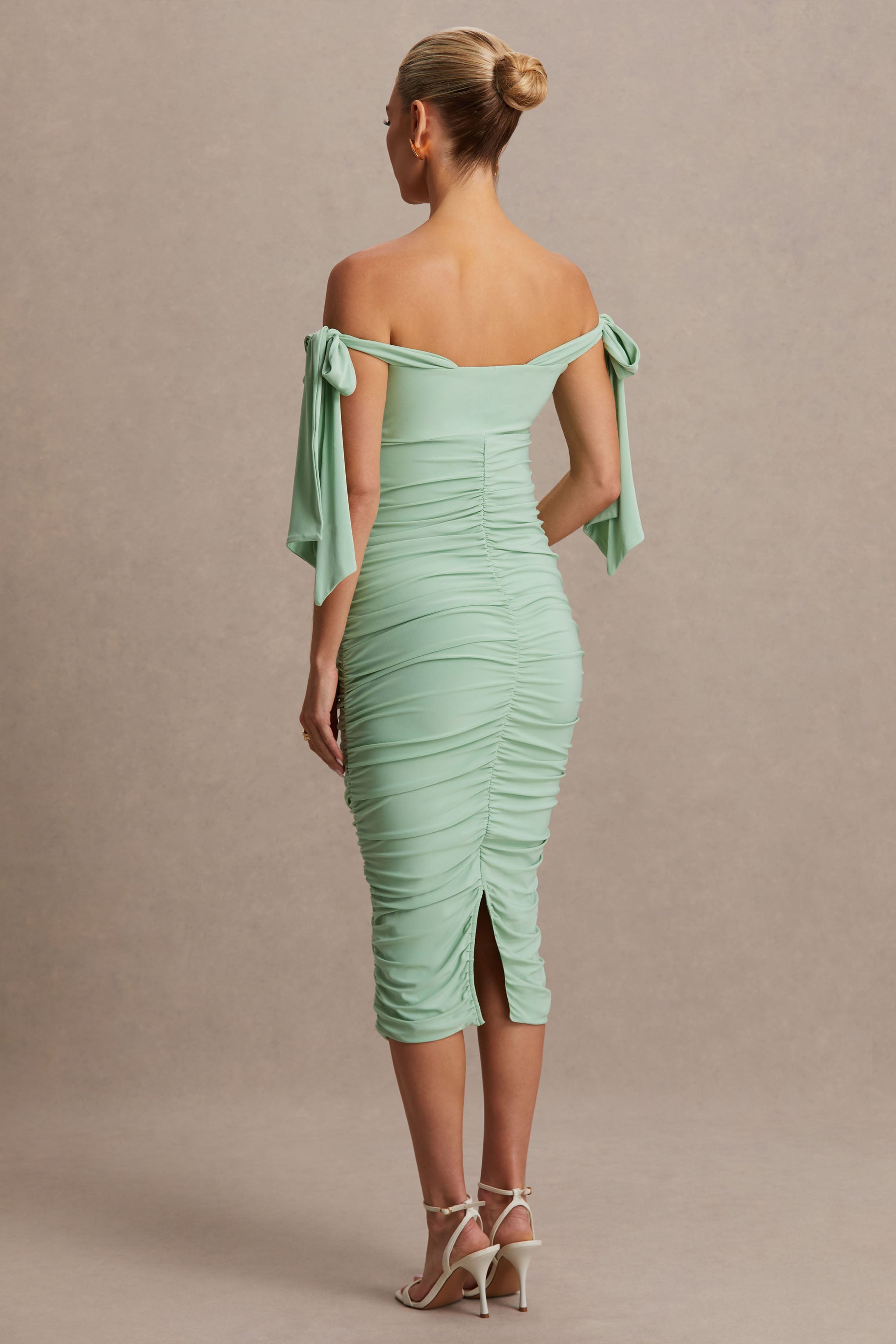 Chandelier Light Green Bardot Maternity Midi Dress With Bow Details – lifestyle photo