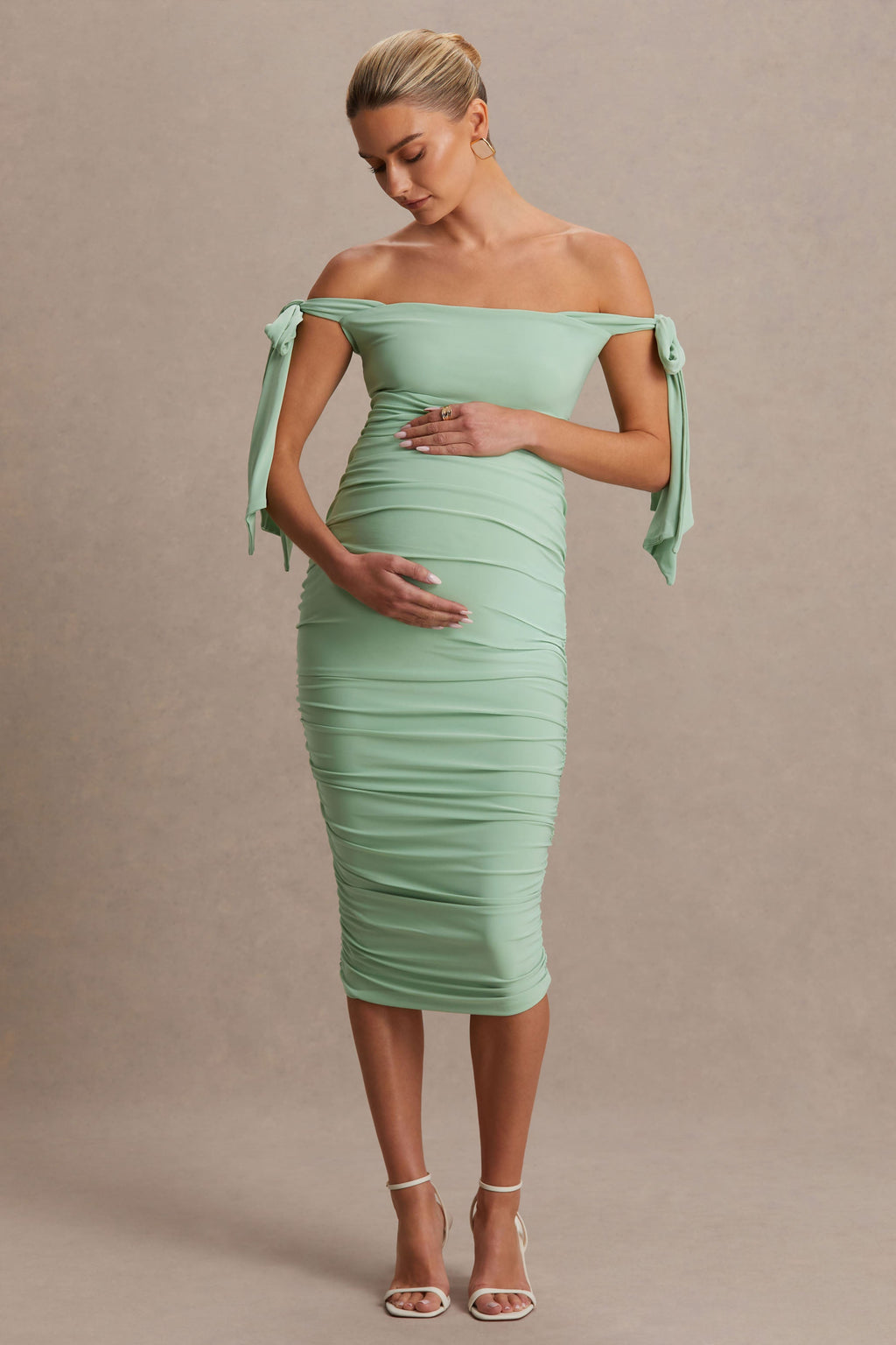 Chandelier Light Green Bardot Maternity Midi Dress With Bow Details – side view