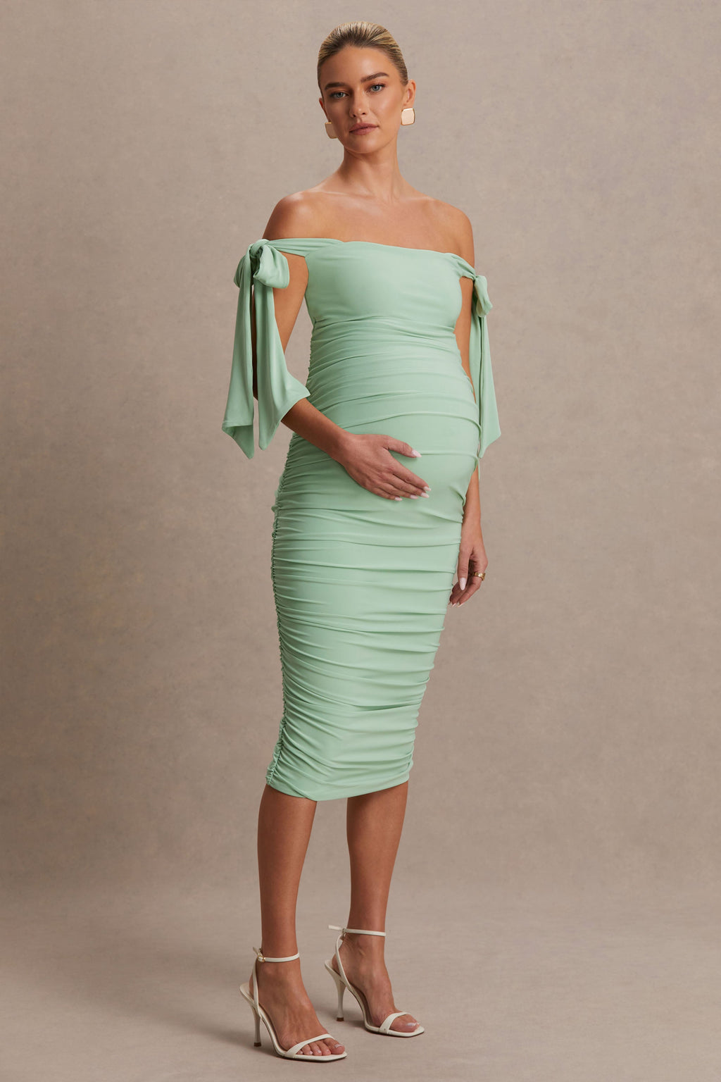 Chandelier Light Green Bardot Maternity Midi Dress With Bow Details – back view