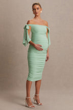 Chandelier Light Green Bardot Maternity Midi Dress With Bow Details – back view
