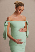 Chandelier Light Green Bardot Maternity Midi Dress With Bow Details – second lifestyle photo