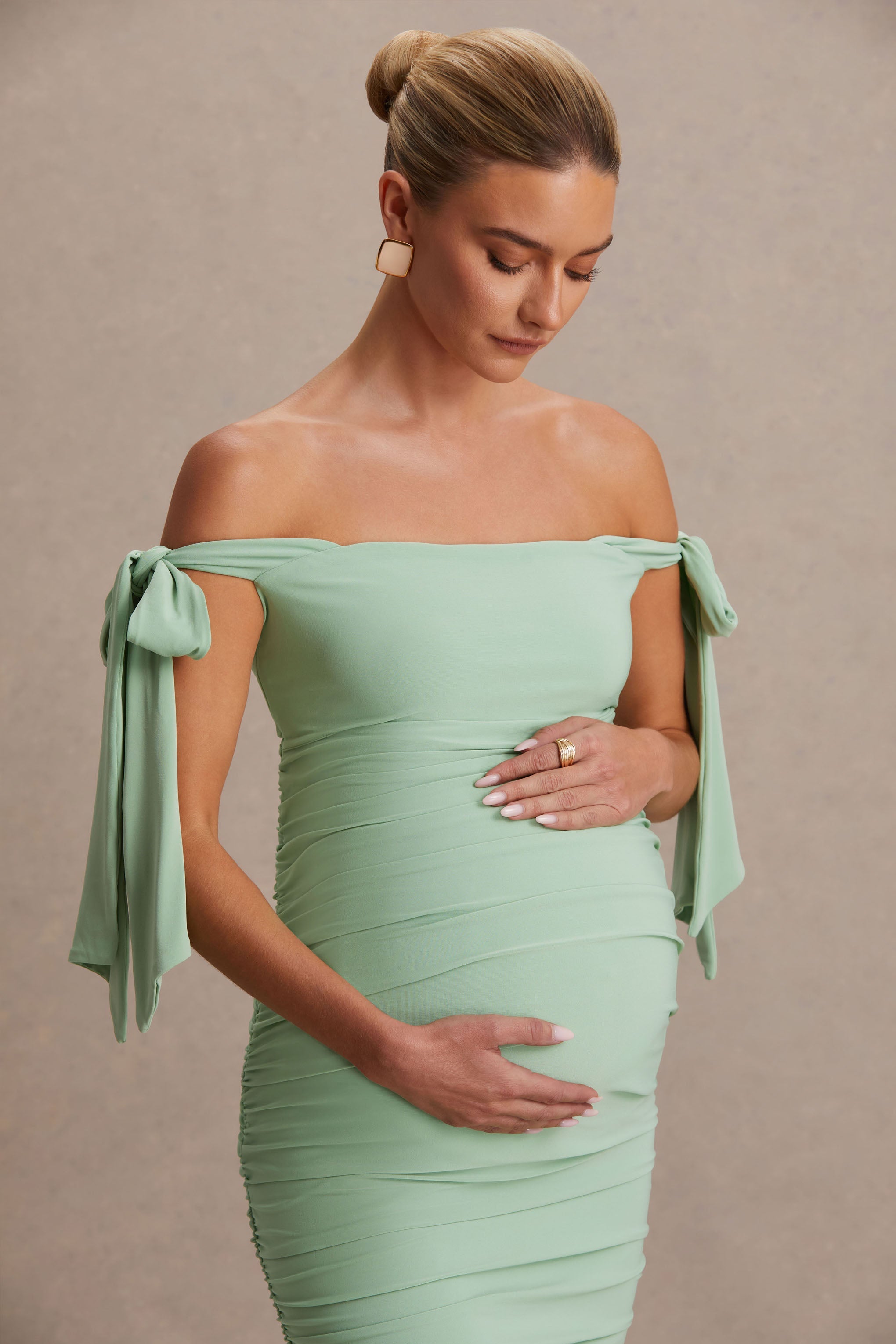 Chandelier Light Green Bardot Maternity Midi Dress With Bow Details – second lifestyle photo