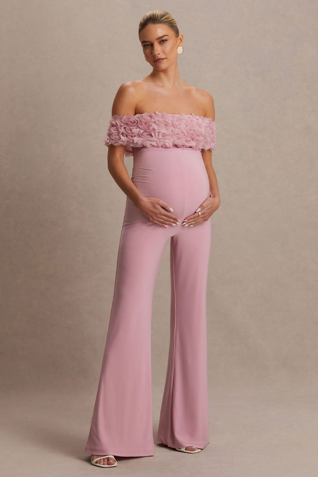 Driftly | Sallow Pink Floral Bardot Maternity Jumpsuit