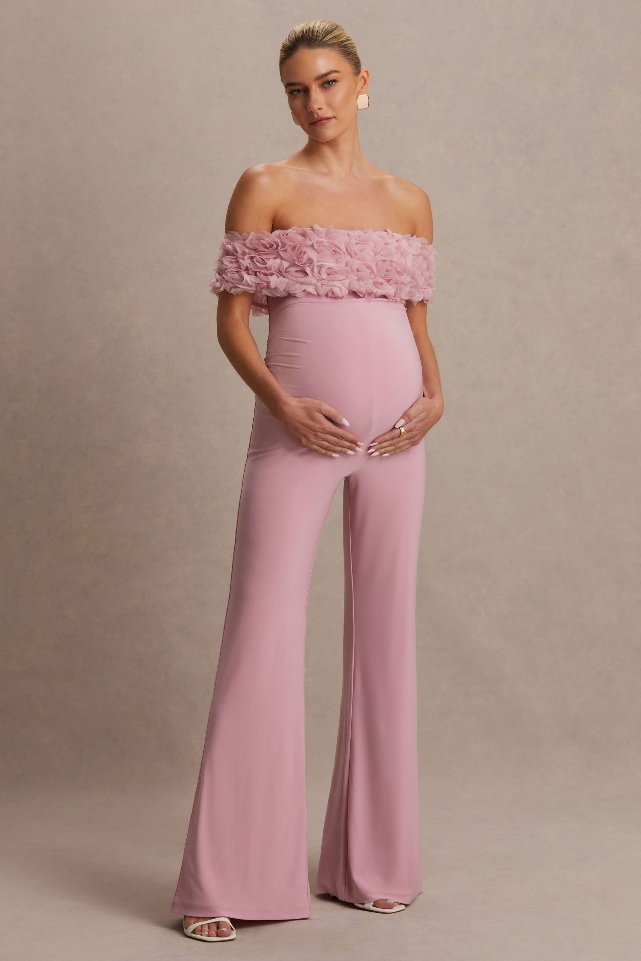 Driftly | Sallow Pink Floral Bardot Maternity Jumpsuit