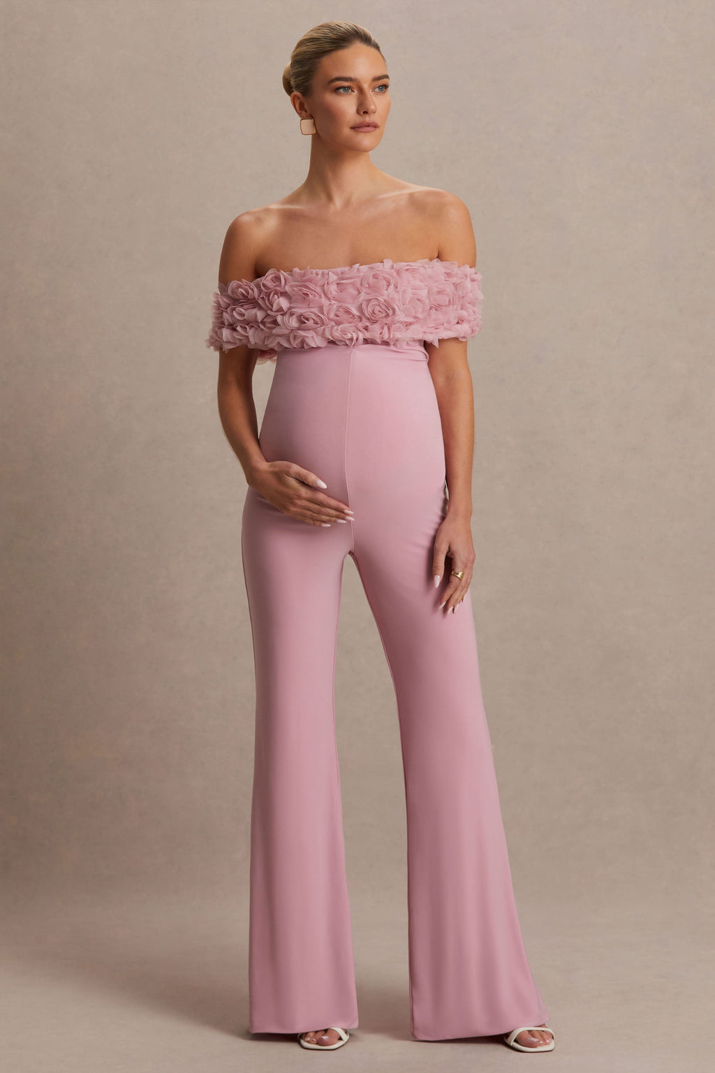 Driftly | Sallow Pink Floral Bardot Maternity Jumpsuit
