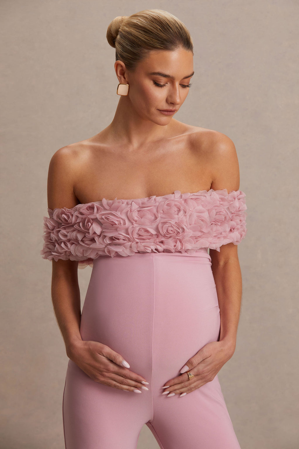 Driftly | Sallow Pink Floral Bardot Maternity Jumpsuit