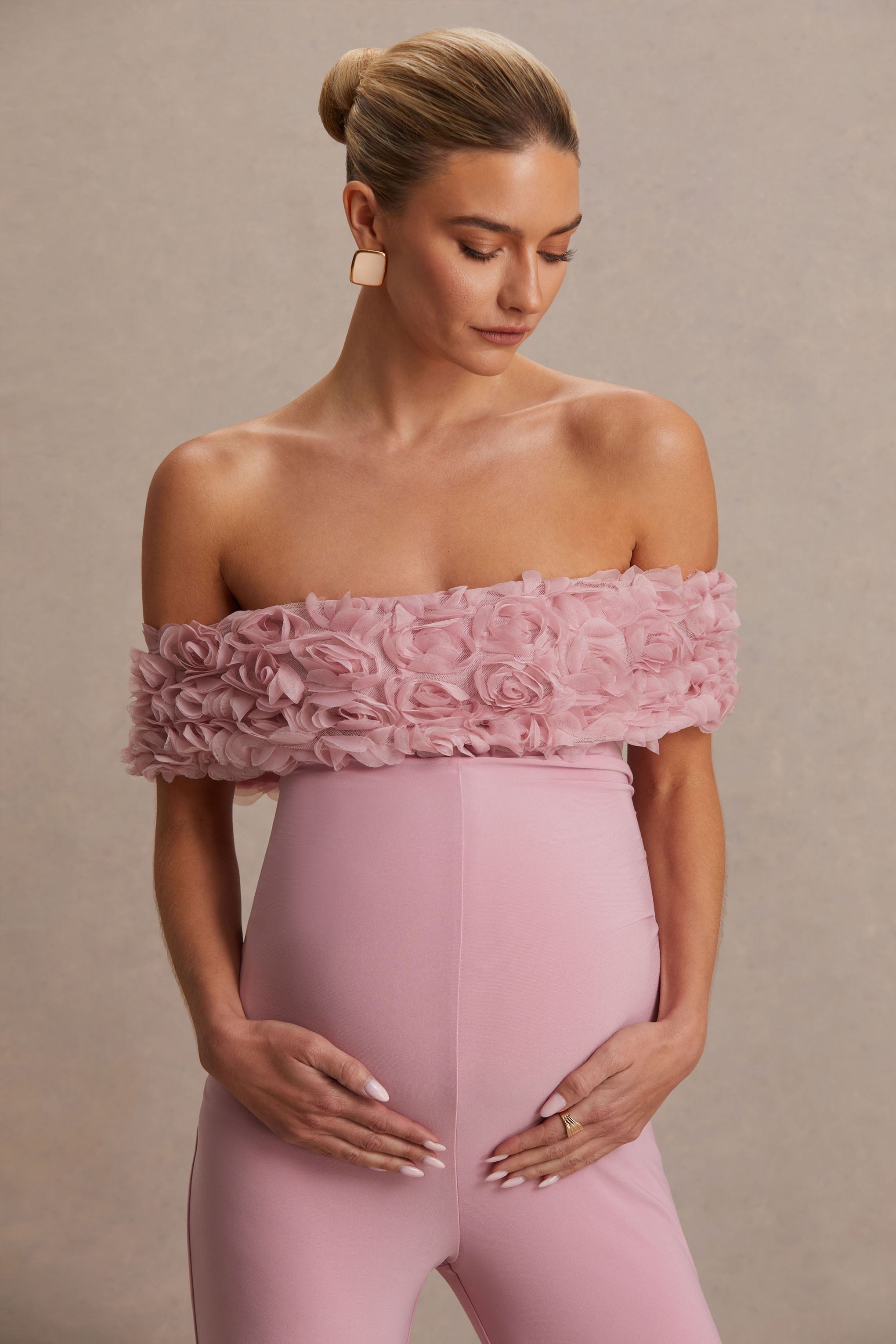 Driftly | Sallow Pink Floral Bardot Maternity Jumpsuit