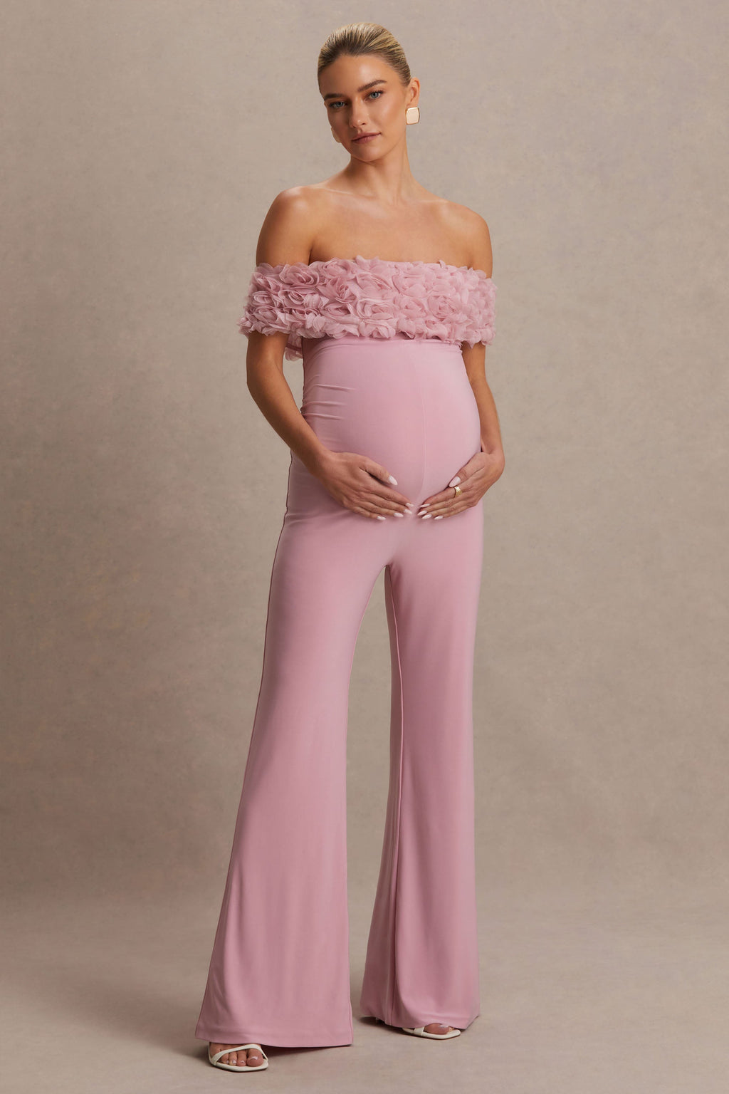 Driftly | Sallow Pink Floral Bardot Maternity Jumpsuit