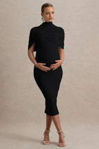 Augustina Black Maternity Midi Dress With Cape – front view