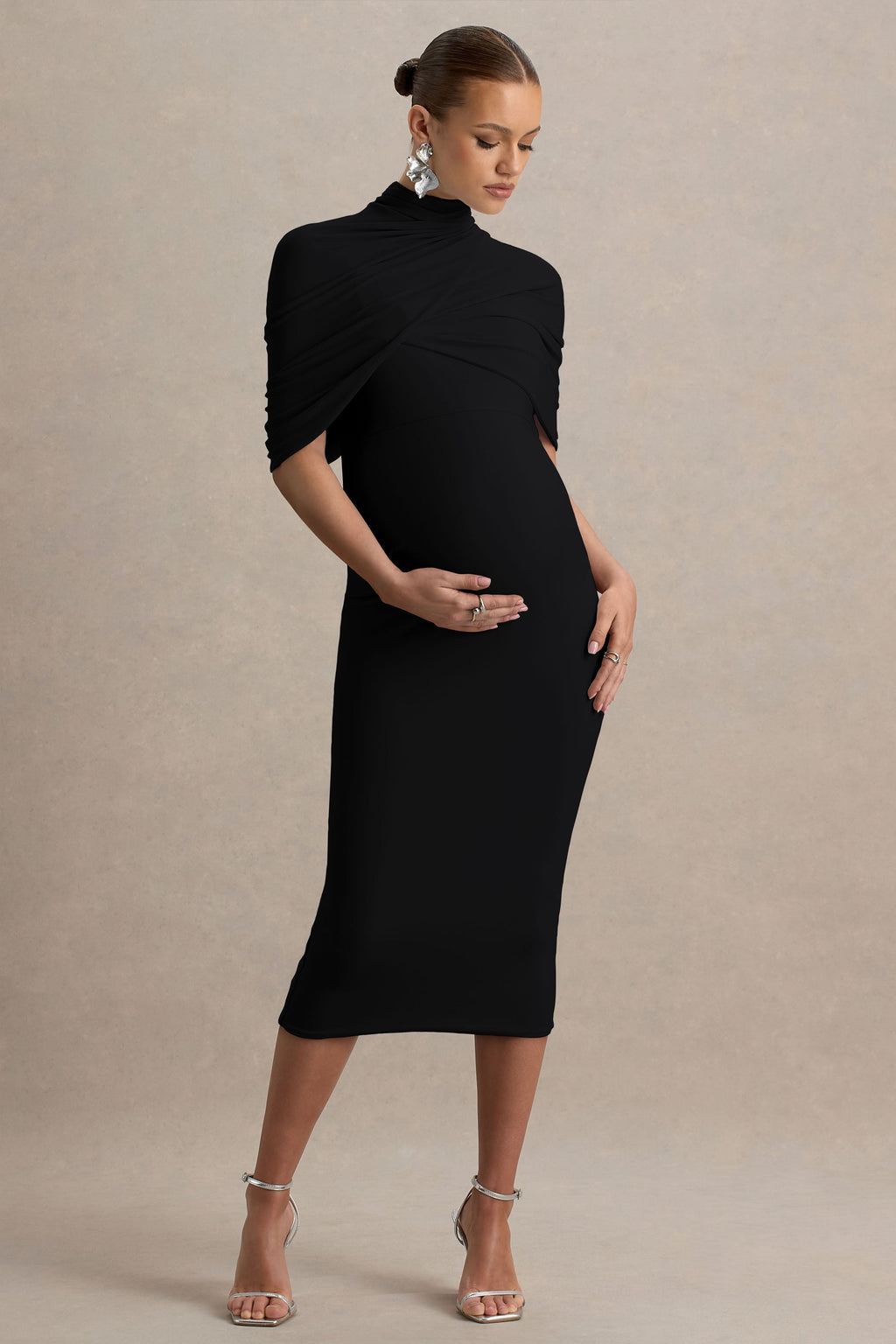 Augustina Black Maternity Midi Dress With Cape – back view