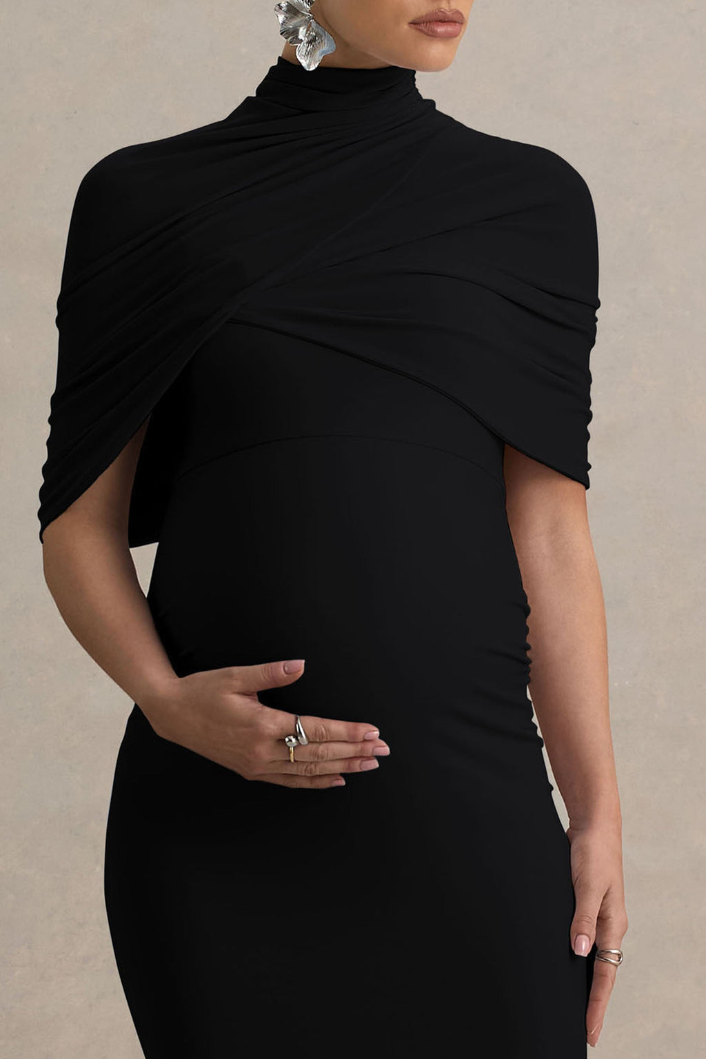 Augustina Black Maternity Midi Dress With Cape – second lifestyle photo